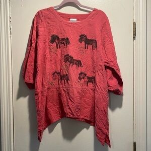 Lauriejo Designs Signed Hand Painted Cranberry Black Horse W Lasso Print Tunic